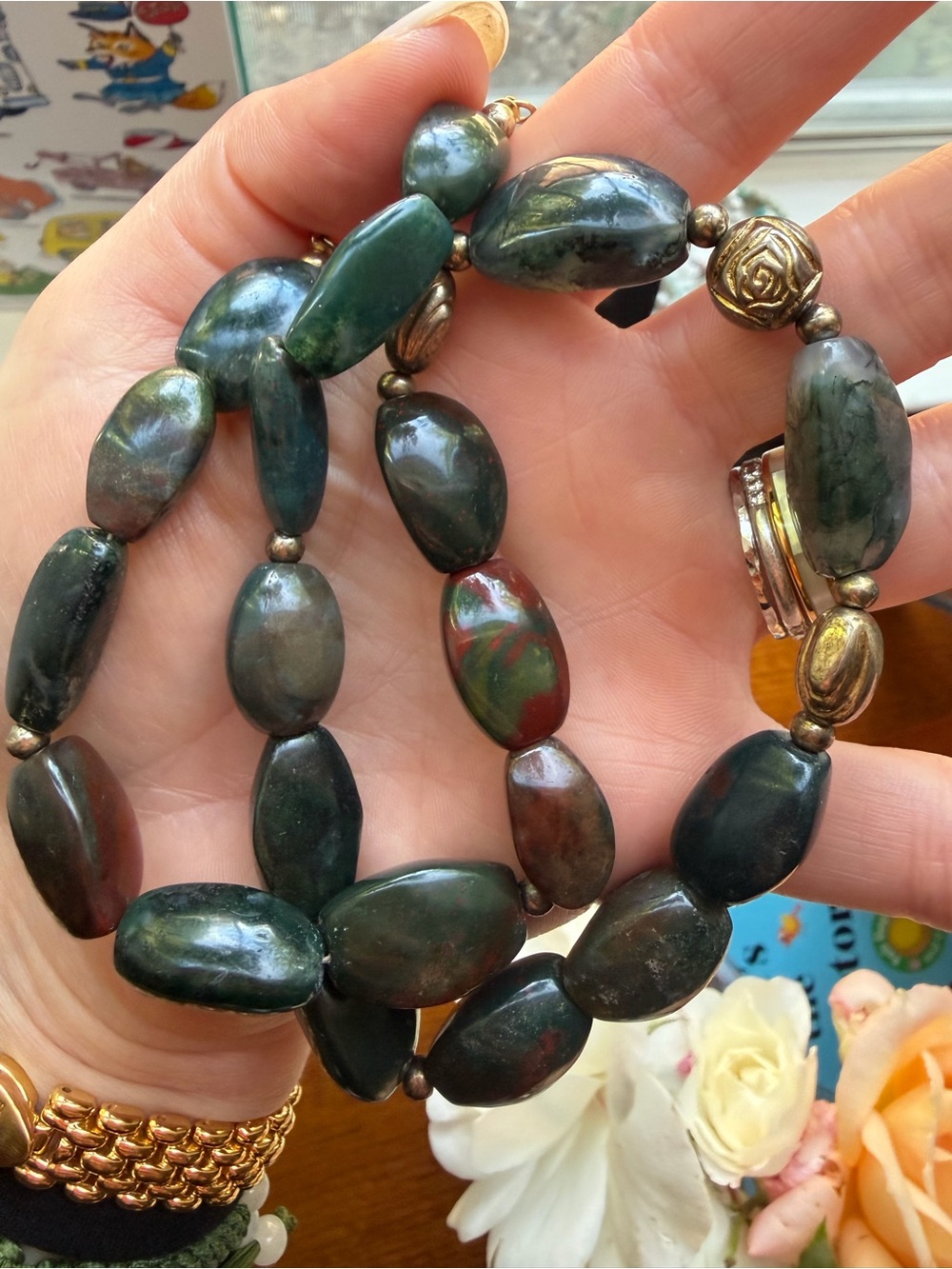 Green and Red Jade and Bloodstone Beaded Necklace
